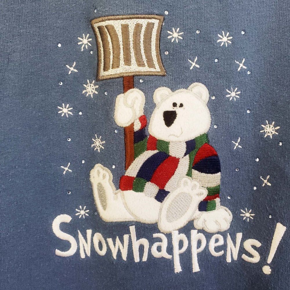 MC Sportswear Women's Slate Blue Embroidered Christmas Snow Happens Sweat Shirt - Picture 4 of 11